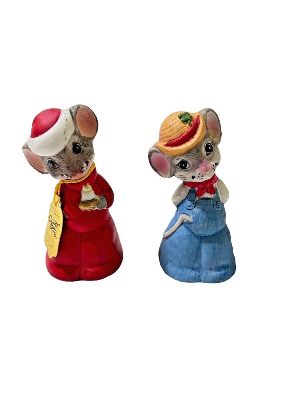 Jasco Critter Bells 2 Ceramic Mice Clappers 4" Tall Handcrafted Taiwan Flowers